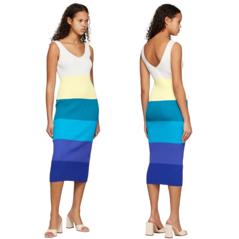 New Staud Dana Dress Midi Ribbed Knit Slim Fit Pacific Stripe Women's Size Small